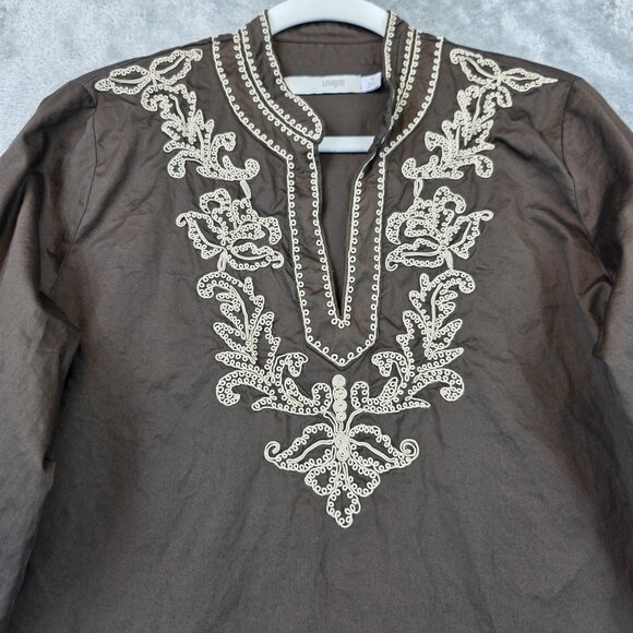I. Magnin Shirt Womens Medium Brown Embroidered Tunic Boho 3/4 Sleeve Split Neck - Picture 3 of 10